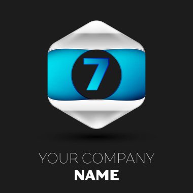 Gerçekçi mavi numarası yedi logo sembol siyah arka plan üzerinde renkli gümüş-mavi altıgen şeklinde. Tasarımınız için vektör şablonu