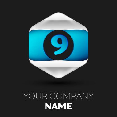 Gerçekçi mavi Number Nine logo sembol siyah arka plan üzerinde renkli gümüş-mavi altıgen şeklinde. Tasarımınız için vektör şablonu