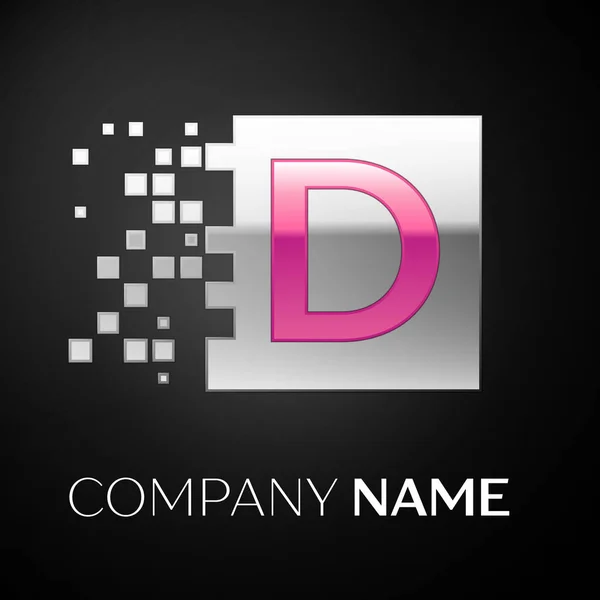 Symbole du logo de la lettre D rose dans le carré coloré argenté avec des blocs brisés sur fond noir. Modèle vectoriel pour votre conception — Image vectorielle