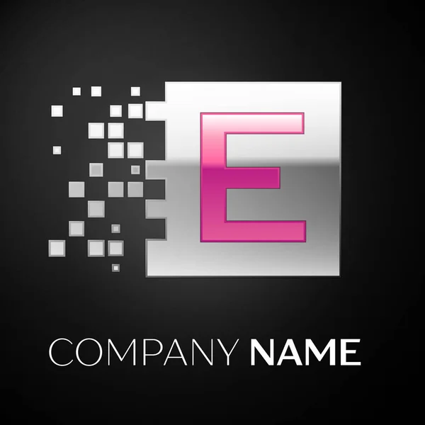 Pink Letter E logo symbol in the silver colorful square with shattered blocks on black background. Vector template for your design — Stock Vector