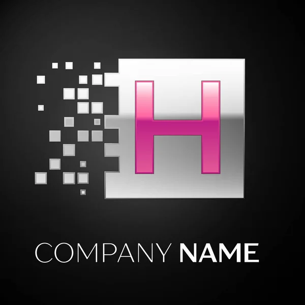 Růžový písmeno H logo symbol ve stříbrné barevné náměstí s rozbitým bloky na černém pozadí. Vektor šablona pro návrh — Stockový vektor