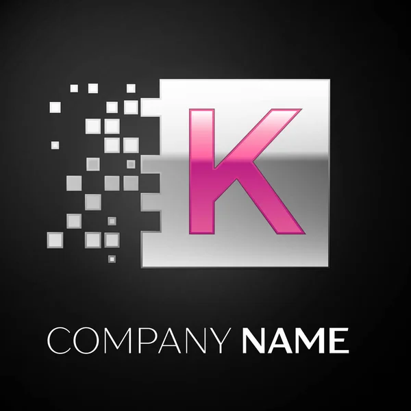 Letra rosa K símbolo del logotipo en el cuadrado de color plateado con bloques rotos sobre fondo negro. Plantilla vectorial para su diseño — Archivo Imágenes Vectoriales