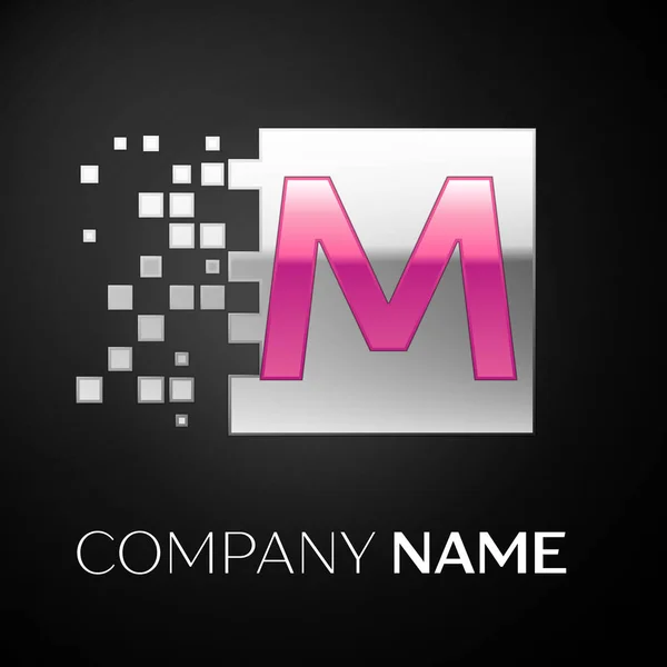Lettera rosa M logo simbolo nella piazza color argento con blocchi frantumati su sfondo nero. Modello vettoriale per il tuo design — Vettoriale Stock