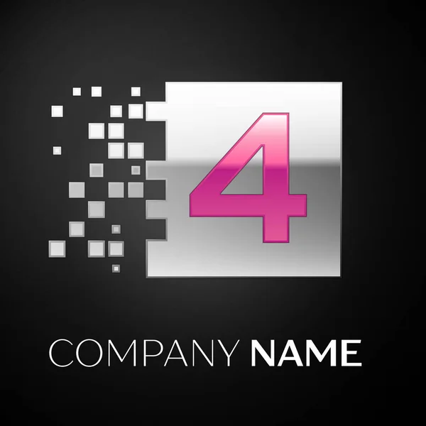 Символ логотипа "Розовый номер четыре" на серебряном красочном квадрате с разбитыми блоками на черном фоне. Векторный шаблон для Вашего дизайна — стоковый вектор