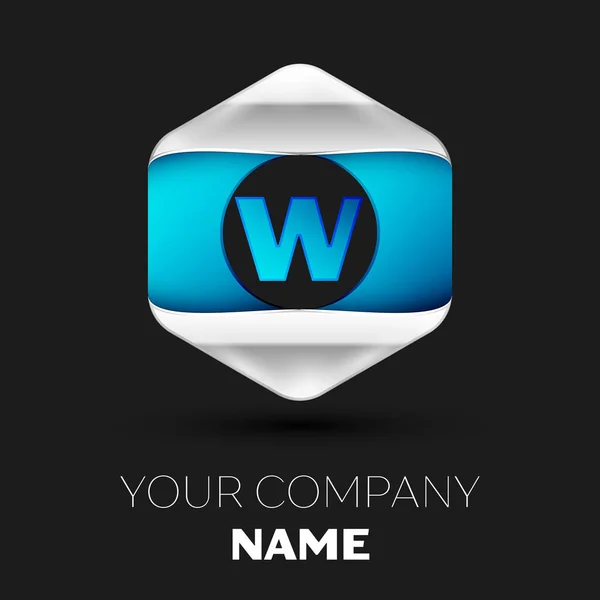Symbole réaliste bleu lettre W logo dans la forme hexagonale colorée argent-bleu sur fond noir. Modèle vectoriel pour votre conception — Image vectorielle
