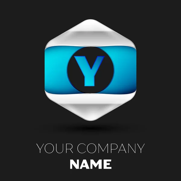Realistiska blå bokstav Y logotyp symbol i färgglada silver-blå sexkantiga formen på svart bakgrund. Vector mall för din design — Stock vektor