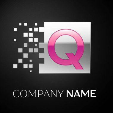 Gümüş renkli kare siyah arka plan üzerine parçalanmış bloklarla pembe harf Q logo simge. Tasarımınız için vektör şablonu