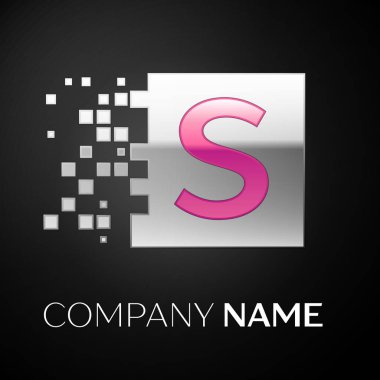 Pembe S harfi logo sembol siyah arka plan üzerine parçalanmış bloklarla gümüş renkli meydanında. Tasarımınız için vektör şablonu
