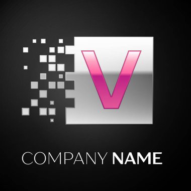 Gümüş renkli kare siyah arka plan üzerine parçalanmış bloklarla pembe harf V logo simge. Tasarımınız için vektör şablonu