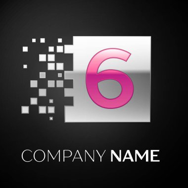 Pembe altı numara logo sembol siyah arka plan üzerine parçalanmış bloklarla gümüş renkli meydanında. Tasarımınız için vektör şablonu
