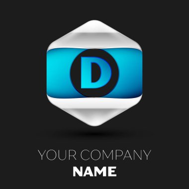 Gerçekçi mavi mektup D logo sembol siyah arka plan üzerinde renkli gümüş-mavi altıgen şeklinde. Tasarımınız için vektör şablonu