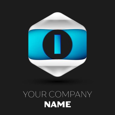 Gerçekçi mavi harf ı logo sembol siyah arka plan üzerinde renkli gümüş-mavi altıgen şeklinde. Tasarımınız için vektör şablonu