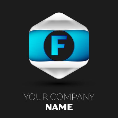 Gerçekçi mavi mektup F logo sembol siyah arka plan üzerinde renkli gümüş-mavi altıgen şeklinde. Tasarımınız için vektör şablonu