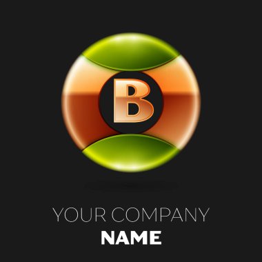 Gerçekçi altın mektup B logo sembol siyah zemin üzerine altın-yeşil renkli daire şeklinde. Tasarımınız için vektör şablonu