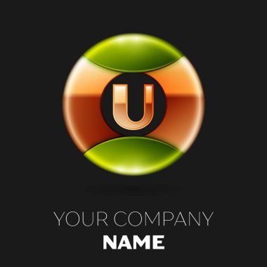 Gerçekçi altın harf U logo sembol siyah zemin üzerine altın-yeşil renkli daire şeklinde. Tasarımınız için vektör şablonu