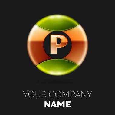 Gerçekçi altın harf P logo sembol siyah zemin üzerine altın-yeşil renkli daire şeklinde. Tasarımınız için vektör şablonu