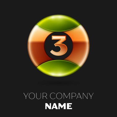 Gerçekçi altın üç numara logo sembol siyah zemin üzerine altın-yeşil renkli daire şeklinde. Tasarımınız için vektör şablonu