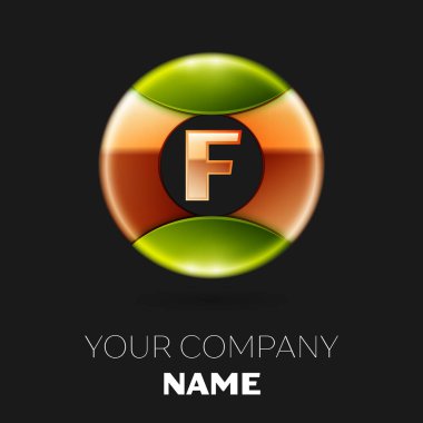 Gerçekçi altın harf F logo sembol siyah zemin üzerine altın-yeşil renkli daire şeklinde. Tasarımınız için vektör şablonu