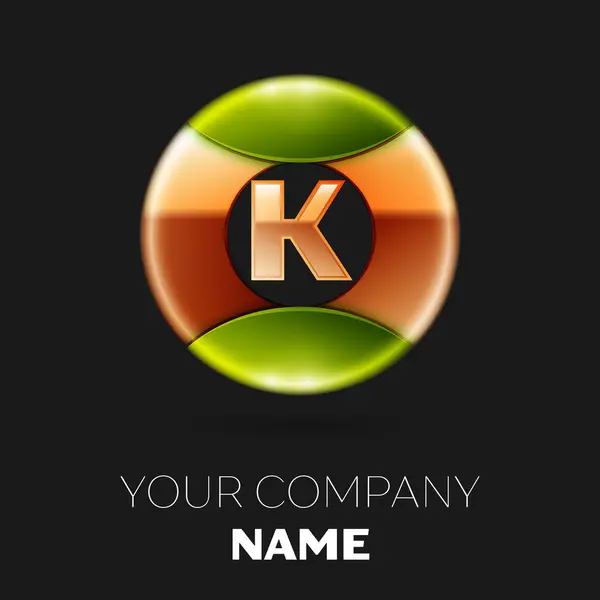 Reális arany levél K logo szimbólum: arany-zöld színes kör alakú fekete háttér. A design vektor sablon — Stock Vector