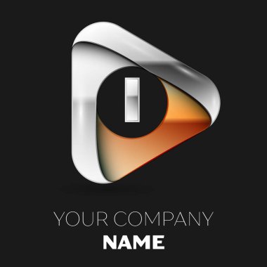 Gerçekçi gümüş harf ı logo sembol siyah zemin üzerine altın-gümüş üçgen şeklinde. Tasarımınız için vektör şablonu