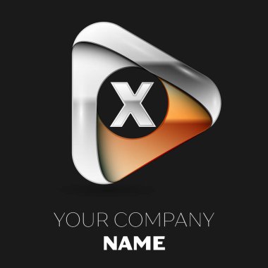 Gerçekçi gümüş harf X logo sembol siyah zemin üzerine altın-gümüş üçgen şeklinde. Tasarımınız için vektör şablonu