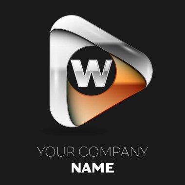 Gerçekçi gümüş harf W logo sembol siyah zemin üzerine altın-gümüş üçgen şeklinde. Tasarımınız için vektör şablonu