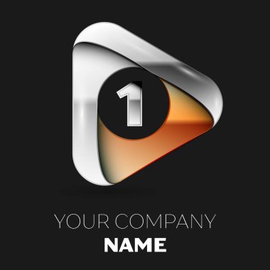 Gerçekçi gümüş bir logo sembol siyah zemin üzerine altın-gümüş üçgen şeklinde. Tasarımınız için vektör şablonu