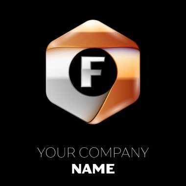 Gerçekçi gümüş harf F logo sembol siyah arka plan üzerinde renkli gümüş-altın altıgen şeklinde. Tasarımınız için vektör şablonu