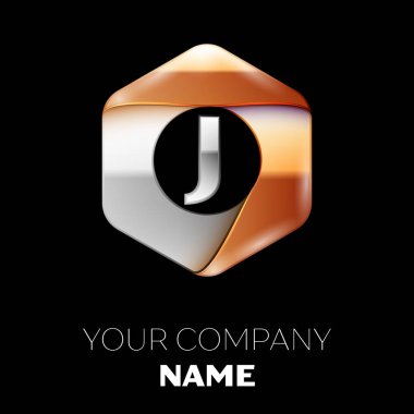 Gerçekçi gümüş harf J logo sembol siyah arka plan üzerinde renkli gümüş-altın altıgen şeklinde. Tasarımınız için vektör şablonu