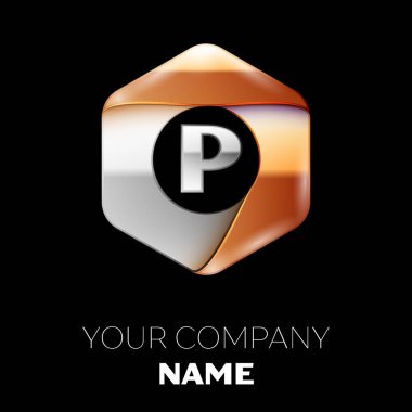 Gerçekçi gümüş harf P logo sembol siyah arka plan üzerinde renkli gümüş-altın altıgen şeklinde. Tasarımınız için vektör şablonu