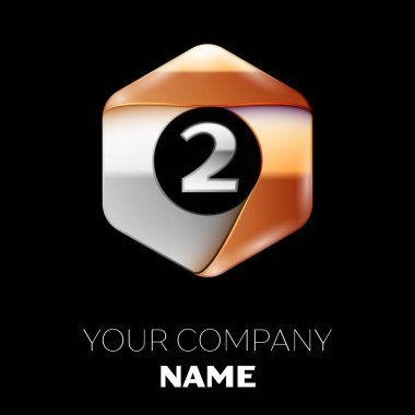 Gerçekçi gümüş iki numara logo sembol siyah arka plan üzerinde renkli gümüş-altın altıgen şeklinde. Tasarımınız için vektör şablonu