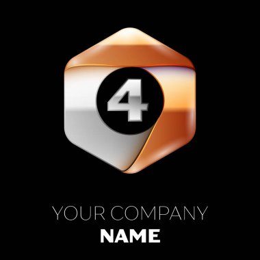 Gerçekçi gümüş dört numara logo sembol siyah arka plan üzerinde renkli gümüş-altın altıgen şeklinde. Tasarımınız için vektör şablonu