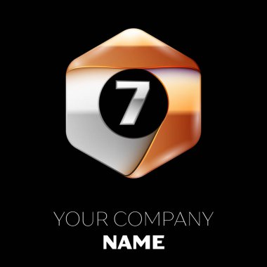 Gerçekçi gümüş yedi numara logo sembol siyah arka plan üzerinde renkli gümüş-altın altıgen şeklinde. Tasarımınız için vektör şablonu
