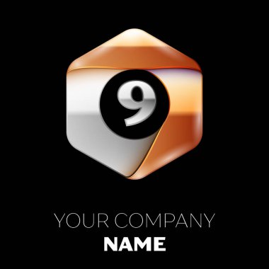 Gerçekçi gümüş Number Nine logo sembol siyah arka plan üzerinde renkli gümüş-altın altıgen şeklinde. Tasarımınız için vektör şablonu