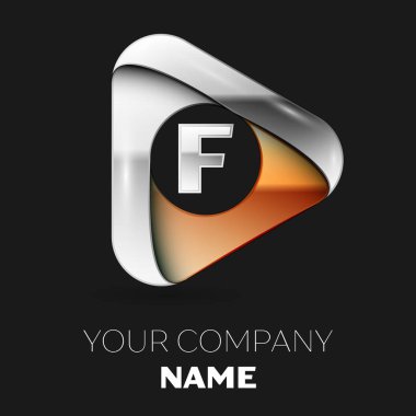 Gerçekçi gümüş harf F logo sembol siyah zemin üzerine altın-gümüş üçgen şeklinde. Tasarımınız için vektör şablonu