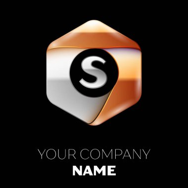 Gerçekçi gümüş harf S logo sembol siyah arka plan üzerinde renkli gümüş-altın altıgen şeklinde. Tasarımınız için vektör şablonu