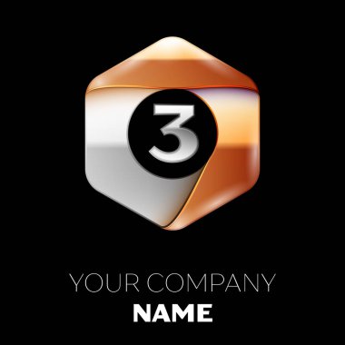 Gerçekçi gümüş üç numara logo sembol siyah arka plan üzerinde renkli gümüş-altın altıgen şeklinde. Tasarımınız için vektör şablonu