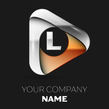 Gerçekçi gümüş harf L logo sembol siyah zemin üzerine altın-gümüş üçgen şeklinde. Tasarımınız için vektör şablonu
