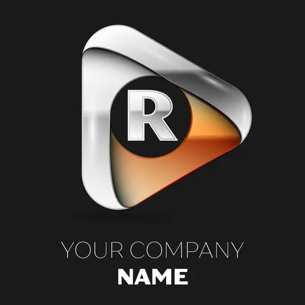 Símbolo realista del logotipo de Silver Letter R en forma de triángulo dorado-plateado sobre fondo negro. Plantilla vectorial para su diseño — Vector de stock