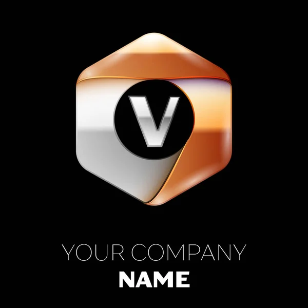 Reális ezüst levél V logo szimbólum, amely a színes Ezüst-arany hatszögletű alakja a fekete háttér. A design vektor sablon — Stock Vector