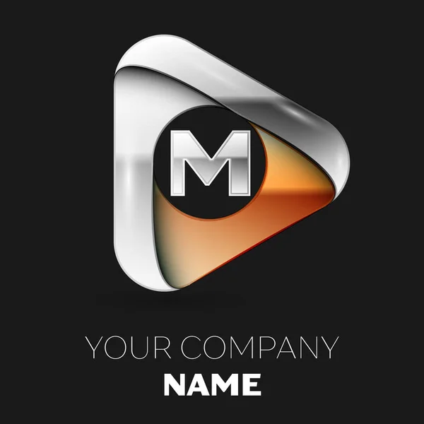Symbole du logo réaliste Silver Letter M en forme de triangle doré-argenté sur fond noir. Modèle vectoriel pour votre conception — Image vectorielle