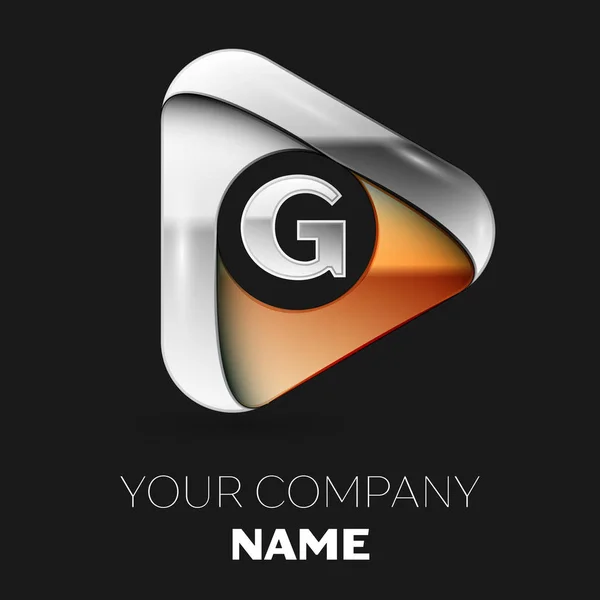 Realistiska Silver bokstaven G logotyp symbol i golden-silver triangel form på svart bakgrund. Vector mall för din design — Stock vektor