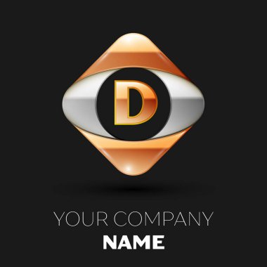 Gerçekçi altın harf D logo sembol siyah arka plan üzerinde renkli altın-gümüş kare şeklinde. Tasarımınız için vektör şablonu