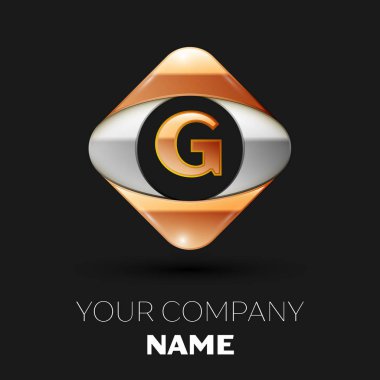 Gerçekçi altın harf G logo sembol siyah arka plan üzerinde renkli altın-gümüş kare şeklinde. Tasarımınız için vektör şablonu