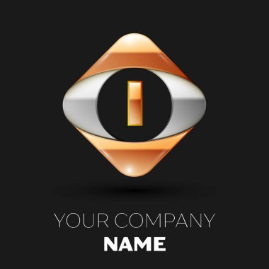 Gerçekçi altın harf ı logo sembol siyah arka plan üzerinde renkli altın-gümüş kare şeklinde. Tasarımınız için vektör şablonu