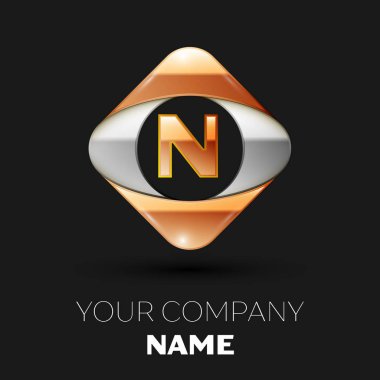 Gerçekçi altın harf N logo sembol siyah arka plan üzerinde renkli altın-gümüş kare şeklinde. Tasarımınız için vektör şablonu