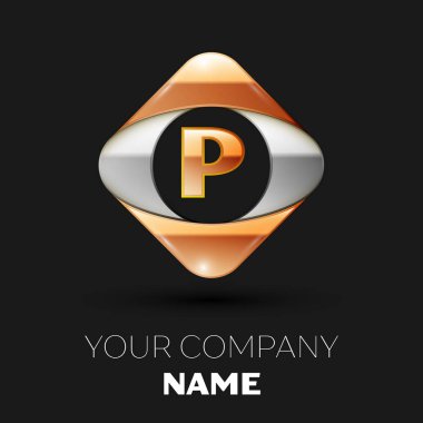 Gerçekçi altın harf P logo sembol siyah arka plan üzerinde renkli altın-gümüş kare şeklinde. Tasarımınız için vektör şablonu