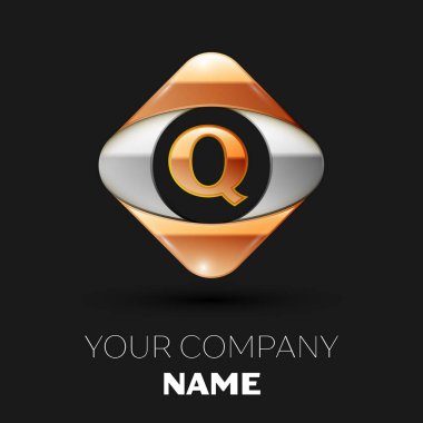 Gerçekçi altın harf Q logo sembol siyah arka plan üzerinde renkli altın-gümüş kare şeklinde. Tasarımınız için vektör şablonu