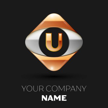 Gerçekçi altın harf U logo sembol siyah arka plan üzerinde renkli altın-gümüş kare şeklinde. Tasarımınız için vektör şablonu