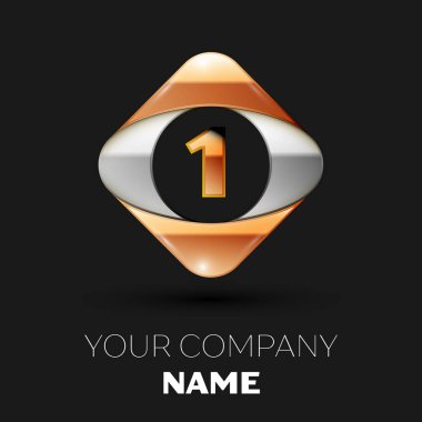 Gerçekçi altın mektup bir logo sembol siyah arka plan üzerinde renkli altın-gümüş kare şeklinde. Tasarımınız için vektör şablonu